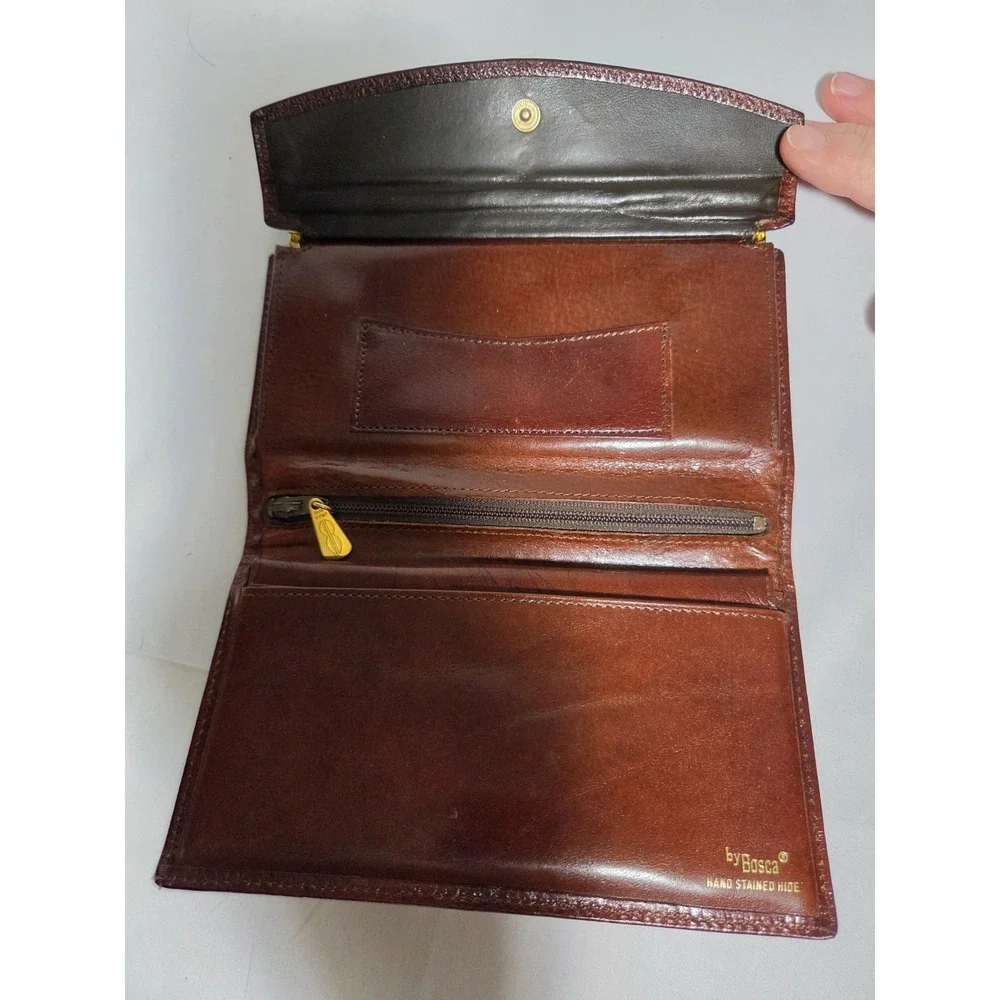 Vintage Bosca Women's Brown Leather Wallet Folding w Card ID Window  & Zip Coin